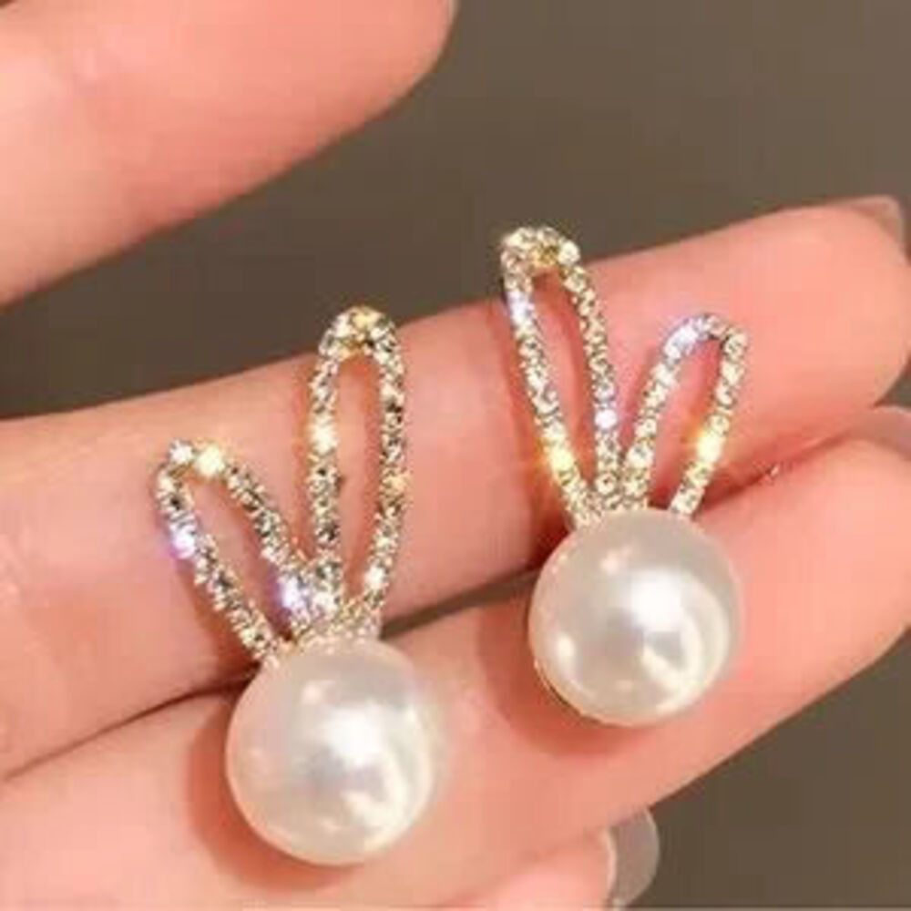 NEW Elegant Bunny Large Pearl Gold 18k Sterling Silver 925 Diamond Earrings - Picture 4 of 4